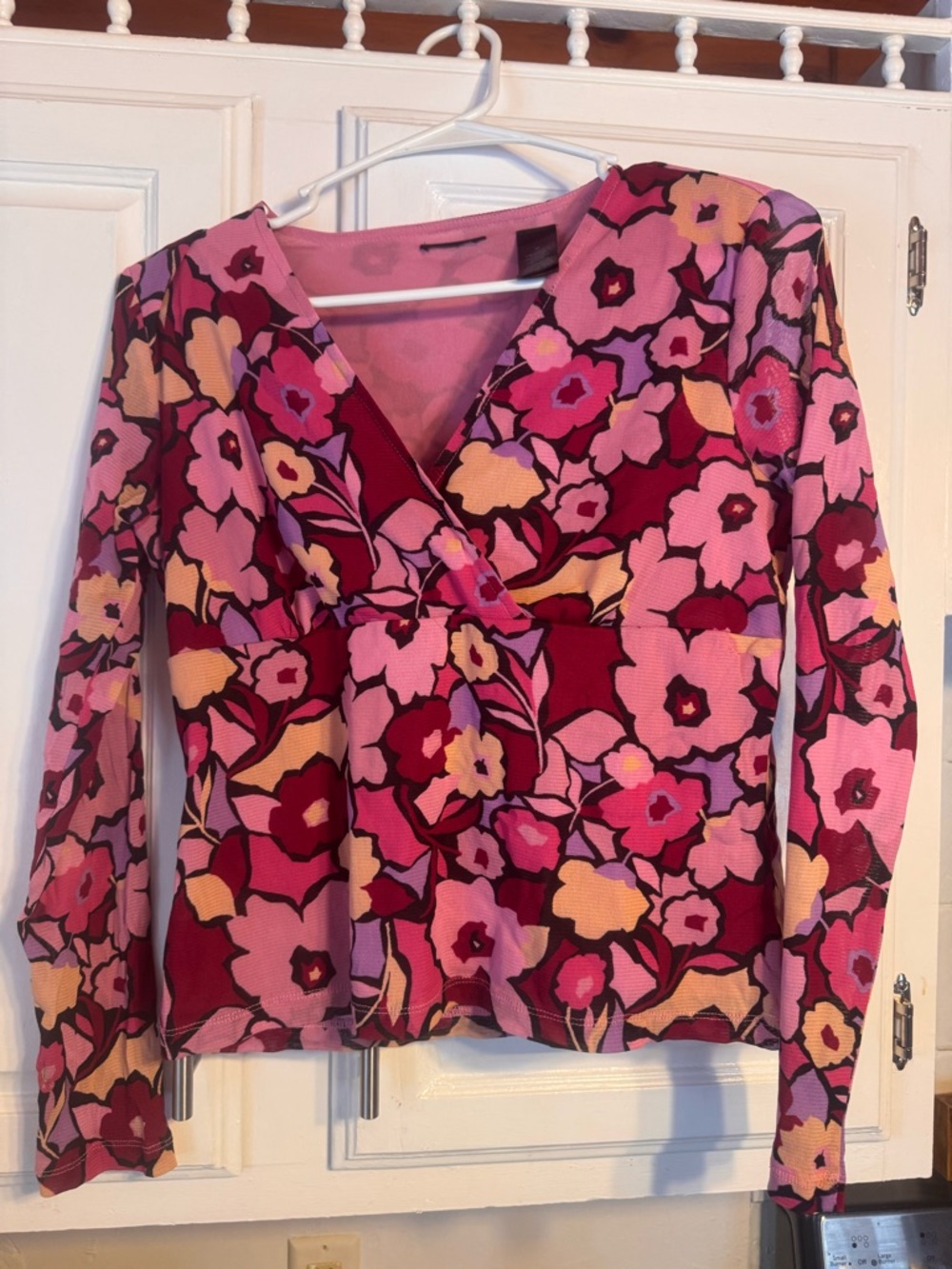 Floral Wrap-Style Long Sleeve Top in Pink & Burgundy